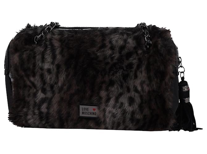 Love Moschino Leopard Print Shoulder Bag in Black and Brown Fur  ref.897897